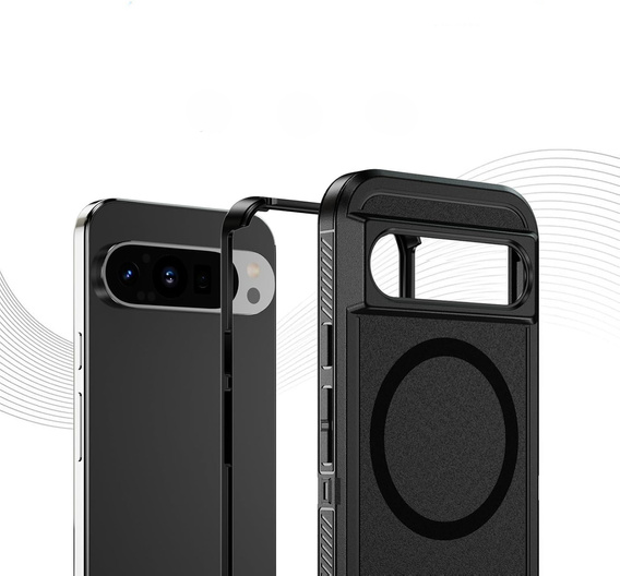 Carcasă ERBORD cu ramă pentru Google Pixel 9 / Google Pixel 9 Pro, pentru MagSafe, negru + Sticlă temperată