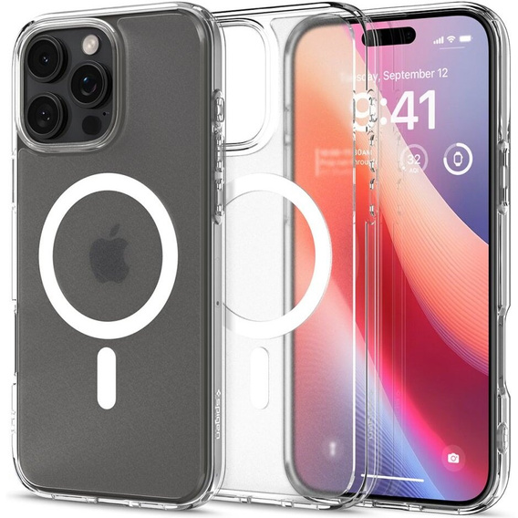 Carcasă MagSafe Spigen pentru iPhone 16 Pro, Ultra Hybrid, transparent / alb + 9H Tempered Glass