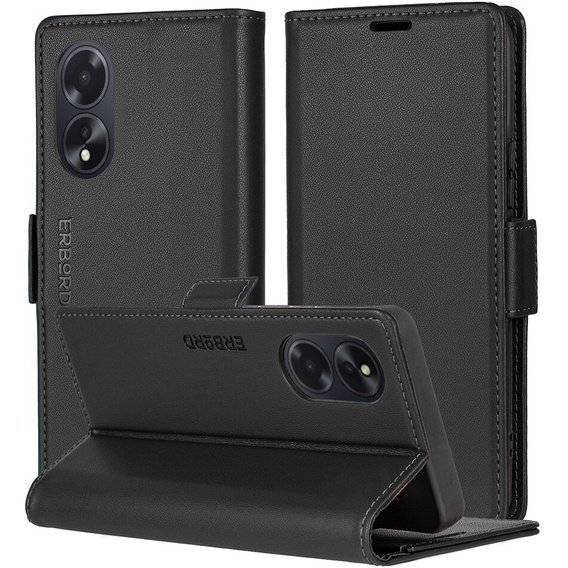 Husă pentru Oppo A60, ERBORD Glossy Litchi, portofel cu clapetă, negru