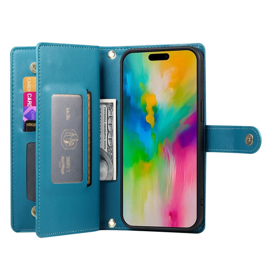 Cu clapetă pentru iPhone 16 Pro, Wallet Zipper Pocket, albastru