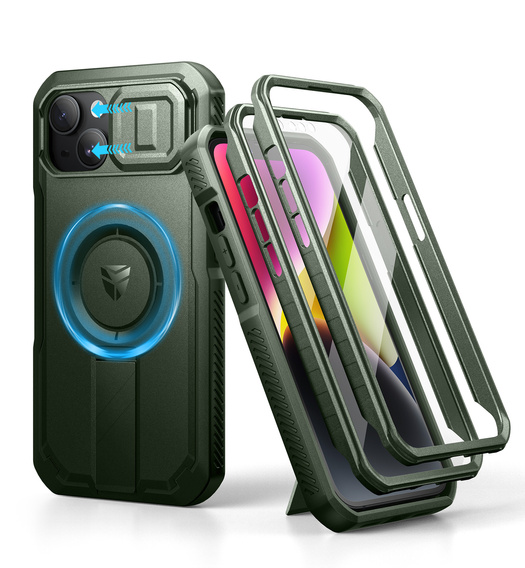 Husă blindată pentru iPhone 13 / iPhone 14, Dexnor CamProtect MagSafe, verde (Două rame)