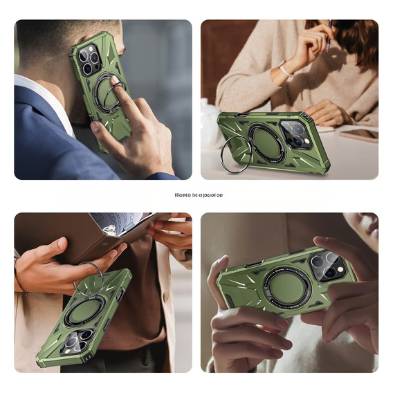 Carcasă pentru iPhone 16 Pro, blindată cu suport și placă pentru mâner, verde