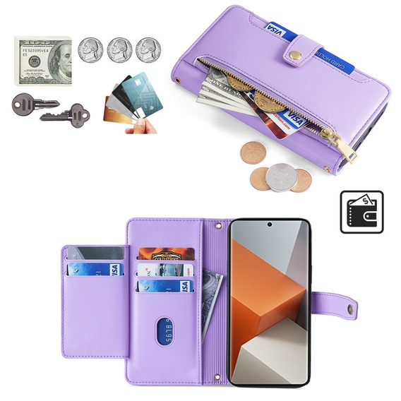 Cu clapetă pentru Xiaomi Redmi Note 13 Pro+, Wallet Zipper Pocket, violet