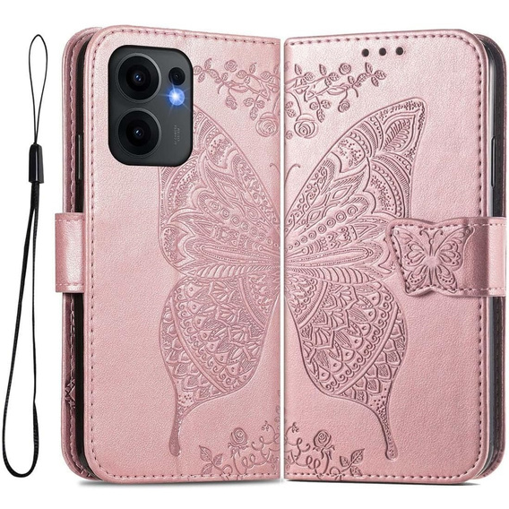 Cu clapetă pentru Oppo Reno 13F / Oppo Reno 13FS, Butterfly, roz rose gold