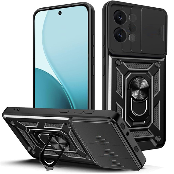 Carcasă blindată pentru Oppo Reno 14, cu protecție pentru cameră, cu suport, negru