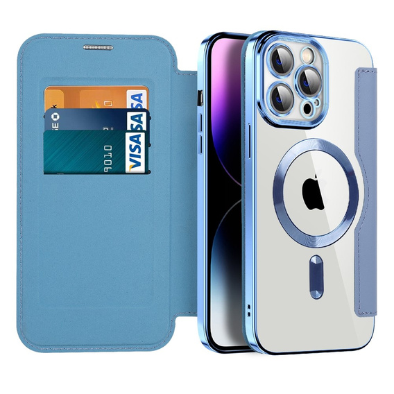 Cu clapetă pentru iPhone 14 Pro Max, RFID Wallet MagSafe CamShield, albastru
