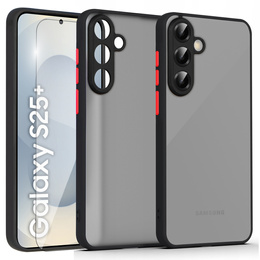 Husă din silicon pentru Samsung Galaxy S25+ Plus, cu protecție pentru cameră, transparent / negru + sticlă călită 9H