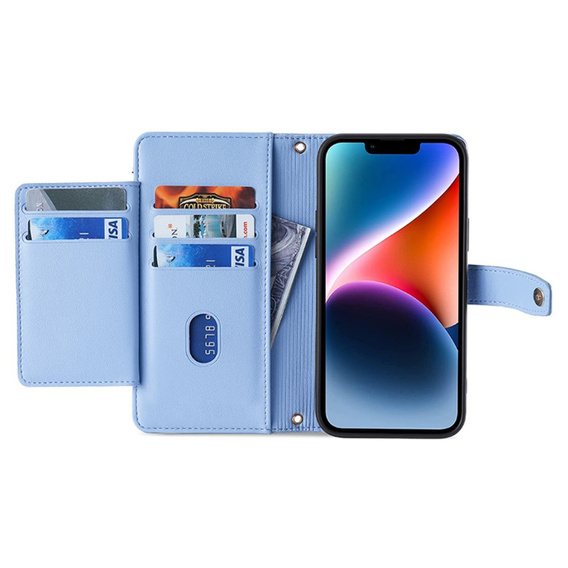 Cu clapetă pentru iPhone 15, Wallet Zipper Pocket, albastru