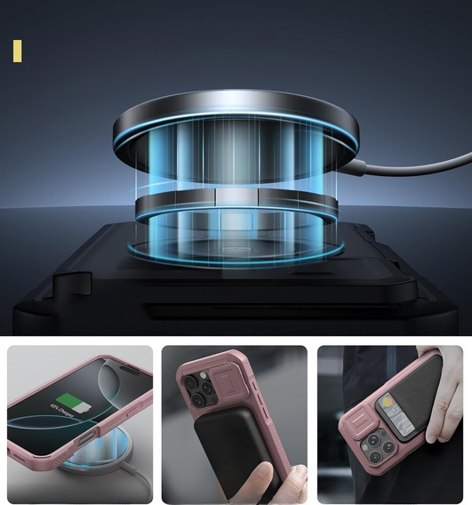 Husă blindată pentru iPhone 16 Pro Max, Dexnor CamProtect MagSafe, roz (Două rame)