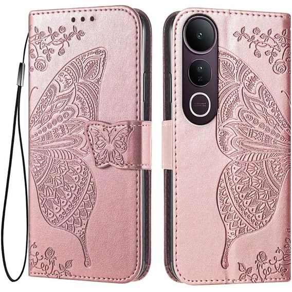 Cu clapetă pentru Vivo V50 Lite 4G / 5G, Butterfly, roz rose gold