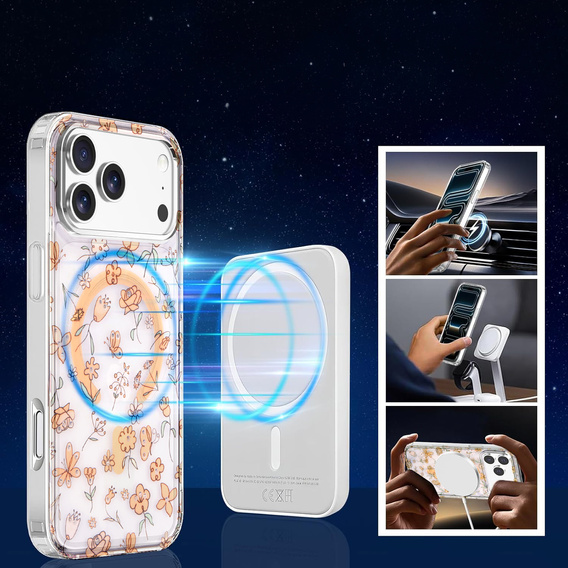 Husă magnetică cu model floral realizat cu laser pentru iPhone 17 Pro Max