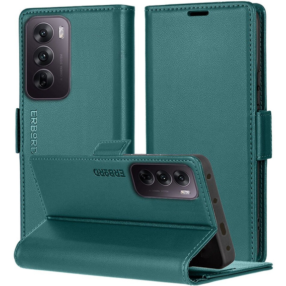 Husă pentru Oppo Reno 12 Pro, ERBORD Glossy Litchi, portofel cu clapetă, verde