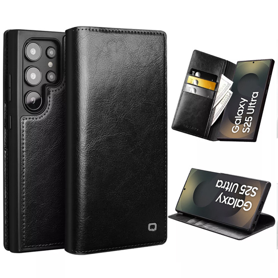 Carcasa flip pentru Samsung Galaxy S25 Ultra, QIALINO Leather Wallet, negru