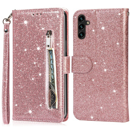 Cu clapetă pentru Samsung Galaxy A56 5G, Wallet Zipper Pocket Glittery, roz rose gold
