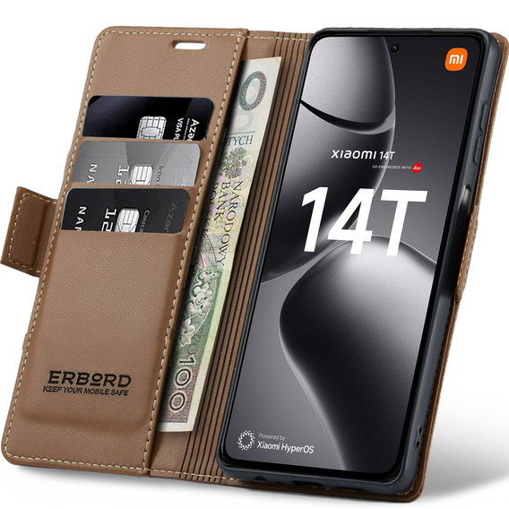 Husă pentru Xiaomi 14T, ERBORD Glossy Litchi, portofel cu clapetă, maro