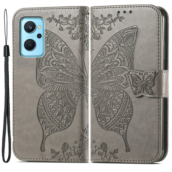 Cu clapetă pentru Realme 9i / Oppo A96, Butterfly, gri