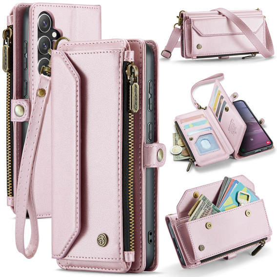 Husă CASEME pentru Samsung Galaxy S25 FE, RFID Leather Wallet, cu curea de umăr, roz