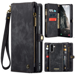 Husă CASEME pentru Samsung Galaxy A56 5G, Retro Leather Wallet, cu curea de umăr, negru