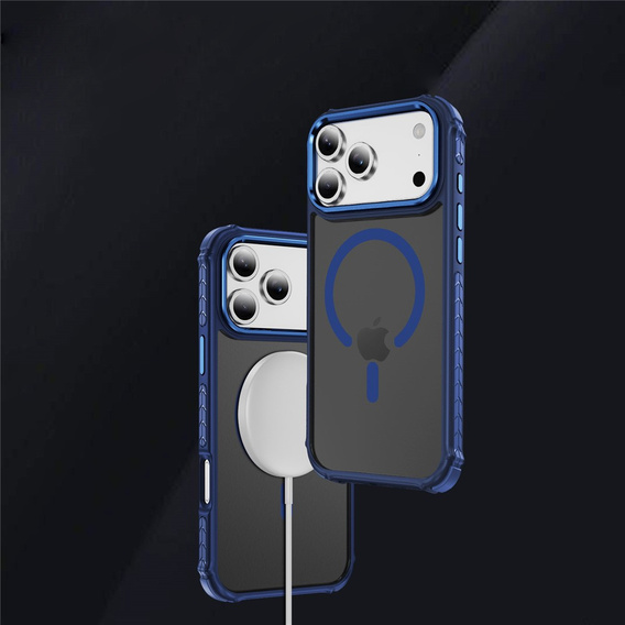 Carcasă Matt pentru iPhone 17 Pro Max, blindată, pentru MagSafe, fumurie cu margini albastre