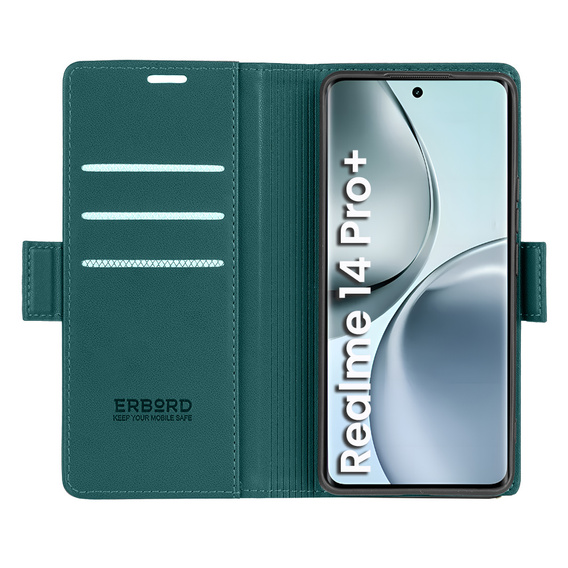 Husă pentru Realme 14 Pro+ 5G, ERBORD Glossy Litchi, portofel cu clapetă, verde