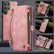 Husă CASEME pentru Samsung Galaxy S25 Ultra, Retro Leather Wallet, cu curea de umăr, roșu