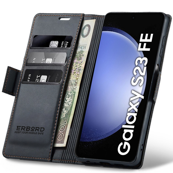 Husă pentru Samsung Galaxy S23 FE, ERBORD Glossy Litchi, portofel cu clapetă, negru