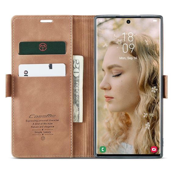 Husa CASEME pentru Samsung Galaxy S22 Ultra, Leather Wallet Case, maro