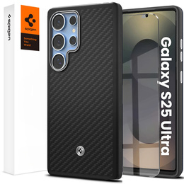 Carcasa Spigen pentru Samsung Galaxy S25 Ultra, Enzo Aramid MagSafe, carbon negru + 9H Tempered Glass