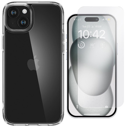 Carcasa Spigen pentru iPhone 15, Ultra Hybrid, transparentă + sticlă temperată 9H