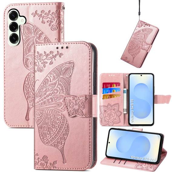 Cu clapetă pentru Samsung Galaxy S25 FE, Butterfly, roz rose gold