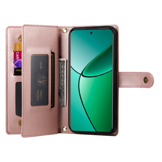 Cu clapetă pentru Oppo Reno 13F 5G, Wallet Zipper Pocket, roz