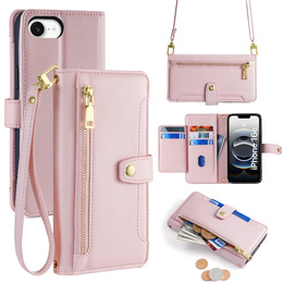 Cu clapetă pentru iPhone 16E, Wallet Zipper Pocket, roz