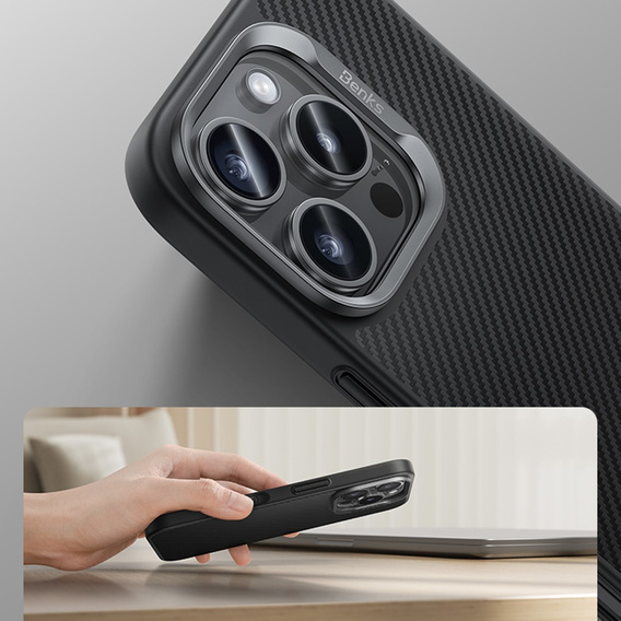 Carcasa BENKS Kevlar pentru iPhone 16 Pro, pentru MagSafe, Carbon Fiber, negru