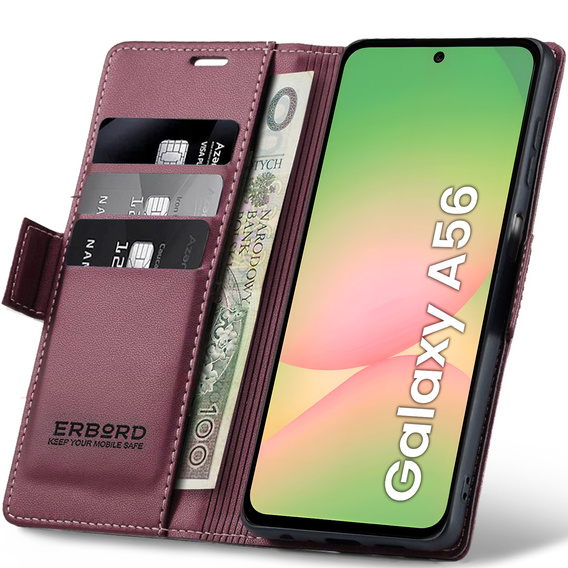 Husă pentru Samsung Galaxy A56, ERBORD Glossy Litchi, portofel cu clapetă, roșu