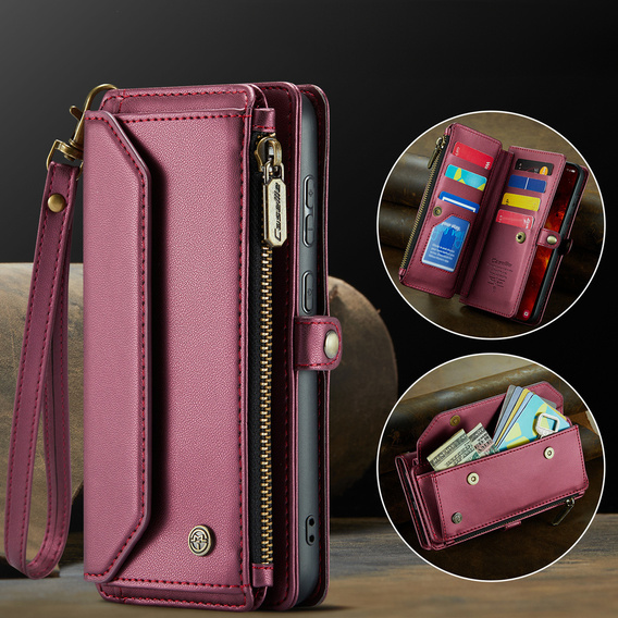 Husă CASEME pentru Samsung Galaxy S25 FE, RFID Leather Wallet, cu curea de umăr, roșu