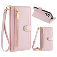 Cu clapetă pentru iPhone 15 Pro Max, Wallet Zipper Pocket, roz