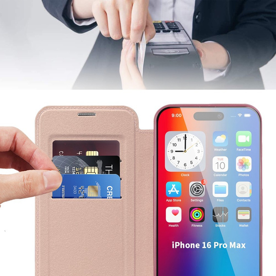 Cu clapetă pentru iPhone 16 Pro, RFID Wallet MagSafe CamShield, roz