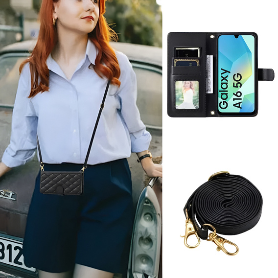 Husă cu clapetă pentru Samsung Galaxy A16, Rhombus Crossbody Leather, negru