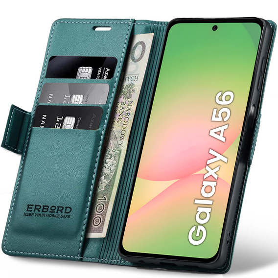 Husă pentru Samsung Galaxy A56, ERBORD Glossy Litchi, portofel cu clapetă, verde