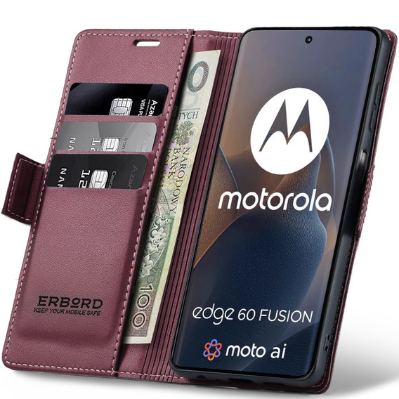 Husă pentru Motorola Edge 60 / 60 Fusion, ERBORD Glossy Litchi, portofel cu clapetă, roșu