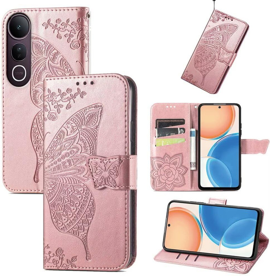 Cu clapetă pentru Vivo V50 Lite 4G / 5G, Butterfly, roz rose gold