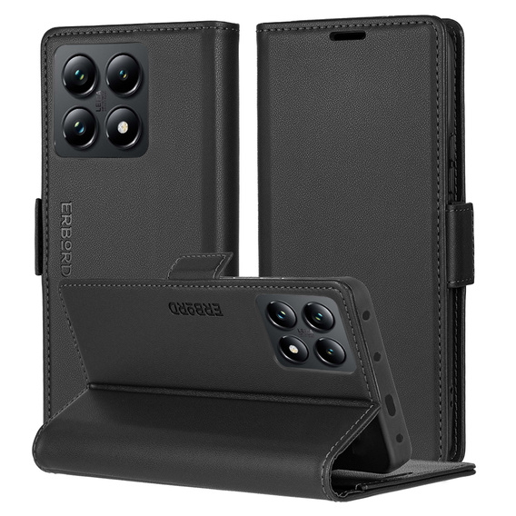 Husă pentru Xiaomi 14T, ERBORD Glossy Litchi, portofel cu clapetă, negru