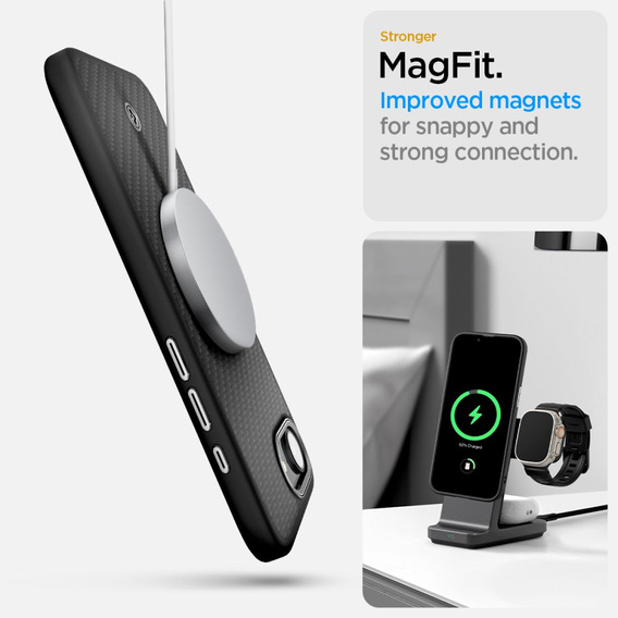 Carcasa Spigen pentru iPhone 16E, Enzo Aramid MagSafe, negru carbon + 9H Tempered Glass