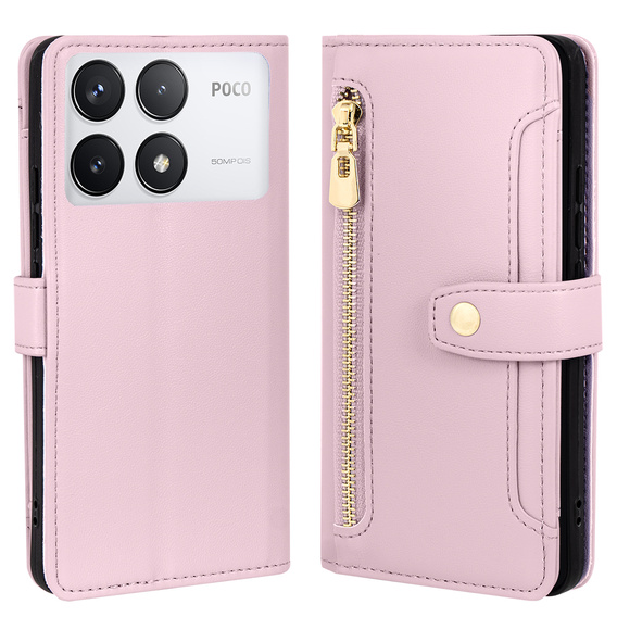 Cu clapetă pentru Xiaomi Poco F6 Pro, Wallet Zipper Pocket, roz