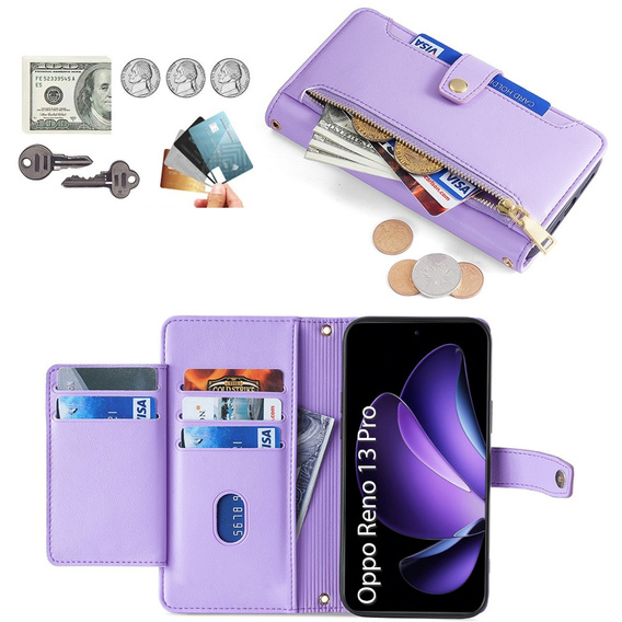 Cu clapetă pentru Oppo Reno 13 Pro, Wallet Zipper Pocket, violet