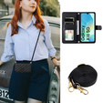 Husă cu clapetă pentru Samsung Galaxy A16, Rhombus Crossbody Leather, negru