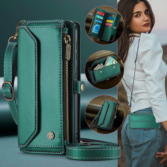 Husă CASEME pentru Samsung Galaxy S24 FE, RFID Leather Wallet, cu curea de umăr, verde