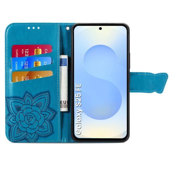 Cu clapetă pentru Samsung Galaxy S25 FE, Butterfly, albastru