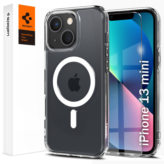 Carcasă MagSafe Spigen pentru iPhone 13 Mini, Ultra Hybrid, alb + 9H Tempered Glass