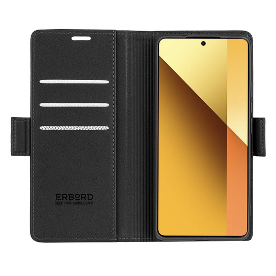 Husă pentru Xiaomi Redmi Note 13 5G, ERBORD Glossy Litchi, portofel cu clapetă, negru